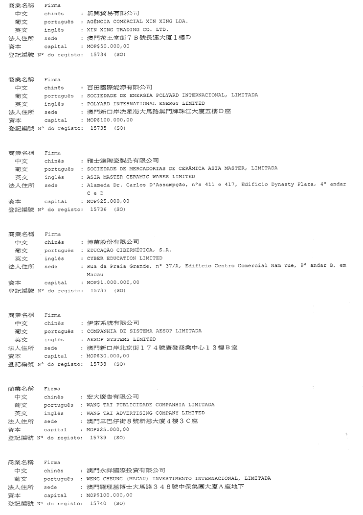 印務局 司法事務局 商業及動產登記局佈告